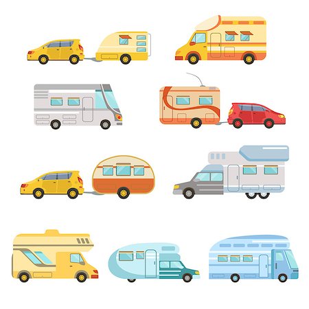 Camper Vans With Trailers Set Of Icons. Family Motorhome Flat Colorful Car Set. Microbus For Family Vacation Set Of Isolated Illustrations. Stock Photo - Budget Royalty-Free & Subscription, Code: 400-08934773