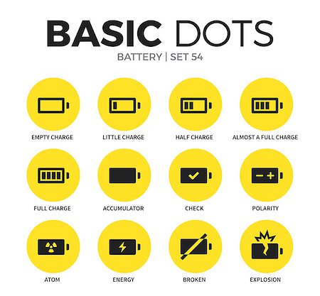 Battery flat icons set with full change, atom and energy interface elements isolated vector illustration on white Stock Photo - Budget Royalty-Free & Subscription, Code: 400-08934860