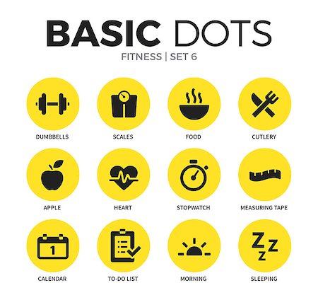 simsearch:400-07976328,k - Fitness flat icons set with dumbbells, food and scales isolated vector illustration on white Foto de stock - Royalty-Free Super Valor e Assinatura, Número: 400-08934885