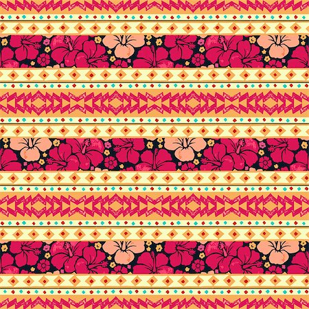simsearch:400-08934693,k - Color tribal vector seamless pattern with flowers hibiskus. Hawaiian fancy abstract geometric art print. Ethnic hipster backdrop. Foto de stock - Royalty-Free Super Valor e Assinatura, Número: 400-08934945