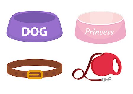 simsearch:400-08346248,k - Animal accessories supplies set of icons, flat, cartoon style. Collection of items for dog care with bowl, leash, collar. Isolated on white background. Vector illustration, clip-art Stock Photo - Budget Royalty-Free & Subscription, Code: 400-08935175