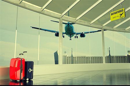 simsearch:400-07569725,k - passenger plane flying over airport terminal - traveling luggage at airport terminal Stock Photo - Budget Royalty-Free & Subscription, Code: 400-08935194