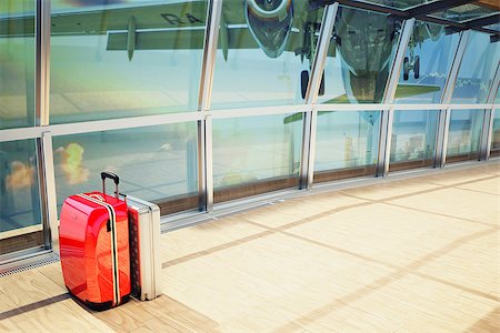 s_tiden (artist) - stack of traveling luggage in airport terminal and passenger plane flying over building in city Stock Photo - Budget Royalty-Free & Subscription, Code: 400-08935191