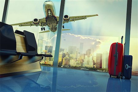 s_tiden (artist) - stack of traveling luggage in airport terminal and passenger plane flying over building in city Stock Photo - Budget Royalty-Free & Subscription, Code: 400-08935193