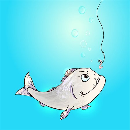 fish undersea - Piranha fish and worm on hook in a blue water. Hand drawn vector illustration. Stock Photo - Budget Royalty-Free & Subscription, Code: 400-08935203