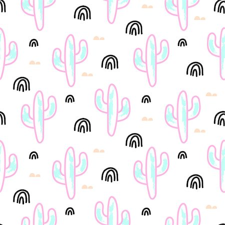 simsearch:400-09121573,k - Cactus plant neon vector seamless pattern. Abstract cartoon desert fabric print. Scandinavian style cacti for wallpaper, textile, tablecloth. Photographie de stock - Aubaine LD & Abonnement, Code: 400-08935240