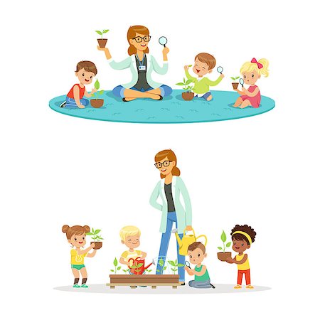 simsearch:614-02242536,k - Teacher with kids learning about plants during biology lesson. Preschool environmental education concept. Cartoon detailed colorful Illustrations isolated on white background Foto de stock - Super Valor sin royalties y Suscripción, Código: 400-08935394