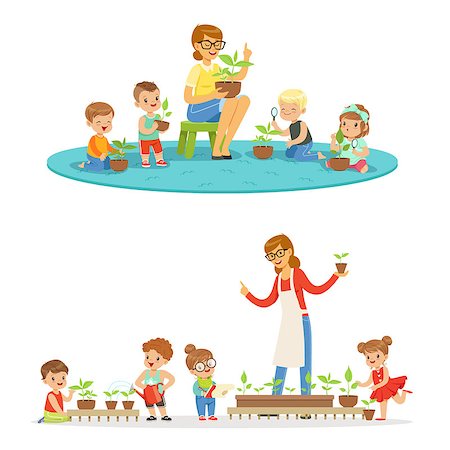 simsearch:614-02242536,k - Biology lesson in kindergarten, children looking at plant seedlings. Preschool environmental education concept. Cartoon detailed colorful Illustrations isolated on white background Foto de stock - Super Valor sin royalties y Suscripción, Código: 400-08935395