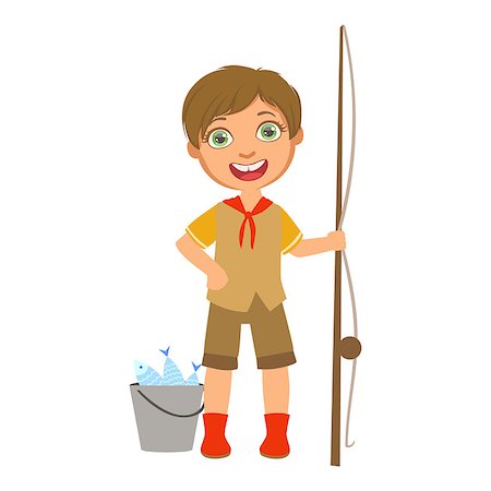 Happy boy scout with a fishing rod and bucket, a colorful character isolated on a white background Stock Photo - Budget Royalty-Free & Subscription, Code: 400-08935429