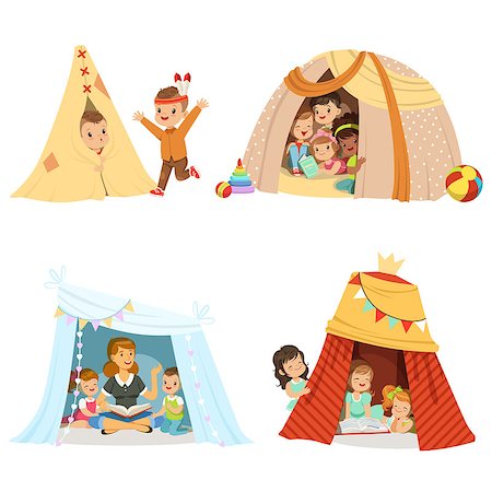 Cute little children playing and sitting in a tent teepee, set for label design. Funny lovely children having fun in children room. Cartoon detailed colorful Illustrations isolated on white background Stock Photo - Budget Royalty-Free & Subscription, Code: 400-08935444