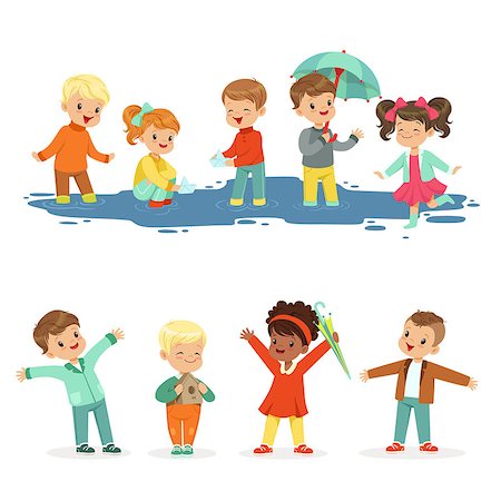 rain little girl - Smiling little kids playing on puddles, set for label design. Active leisure for children. Cartoon detailed colorful Illustrations isolated on white background Photographie de stock - Aubaine LD & Abonnement, Code: 400-08935448