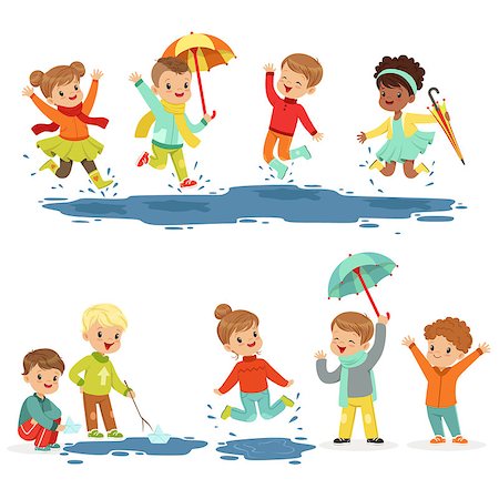 simsearch:400-04707096,k - Cute smiling little kids playing on puddles, set for label design. Children having fun outdoor wearing colorful clothes. Cartoon detailed colorful Illustrations isolated on white background Stock Photo - Budget Royalty-Free & Subscription, Code: 400-08935443