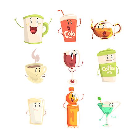 simsearch:400-08794469,k - Funny cup, bottle, glass with drinks standing and smiling, set for label design. Various non alcoholic drinks. Cartoon detailed Illustrations isolated on white background Foto de stock - Super Valor sin royalties y Suscripción, Código: 400-08935455