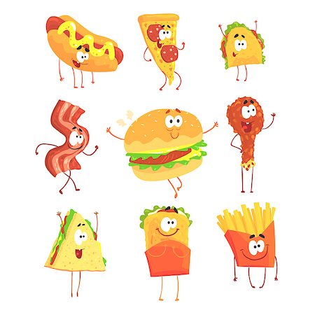 simsearch:400-08554549,k - Funny fast food, set for label design. French fries, burger, hot dog, steak, bacon, sandwich and chicken leg. Cartoon detailed Illustrations isolated on white background Fotografie stock - Microstock e Abbonamento, Codice: 400-08935457