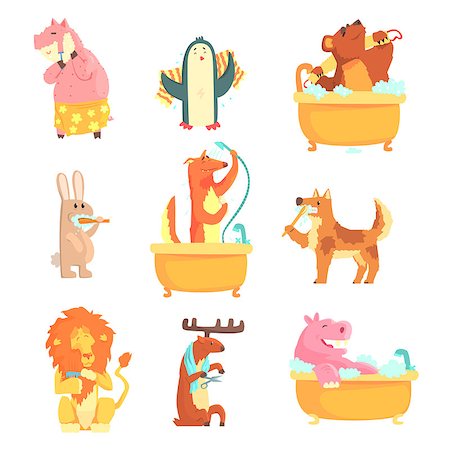 simsearch:400-06105469,k - Cute animals bathing and washing in water, set for label design. Hygiene and care, cartoon detailed Illustrations isolated on white background Photographie de stock - Aubaine LD & Abonnement, Code: 400-08935458