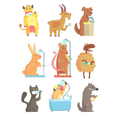 Funny animals taking a shower and washing, set for label design. Hygiene and care cartoon detailed Illustrations isolated on white background Stock Photo - Budget Royalty-Free & Subscription, Code: 400-08935459