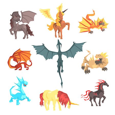 Mythical and fantastic creatures, set for label design. Cartoon detailed Illustrations isolated on white background Stock Photo - Budget Royalty-Free & Subscription, Code: 400-08935462