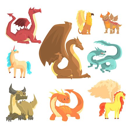 Mythological animals, set for label design. Dragon, unicorn, pegasus, griffin, cartoon detailed Illustrations isolated on white background Stock Photo - Budget Royalty-Free & Subscription, Code: 400-08935463