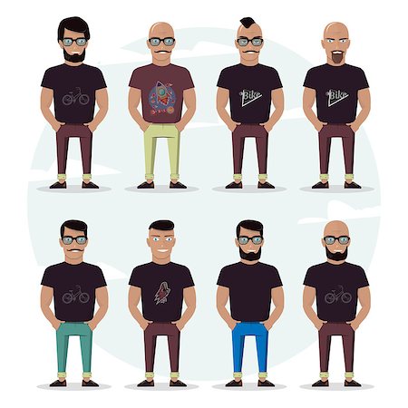 Character mens set on a white background. People with a beard, bald, with a mustache and glasses. Stylish high detailed graphic. Cartoon male. In fashion clothes. Stock Photo - Budget Royalty-Free & Subscription, Code: 400-08935491