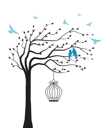 drawing and bird cage - Vector illustration tree with bird and cage Stock Photo - Budget Royalty-Free & Subscription, Code: 400-08935513