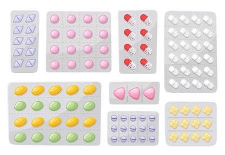 simsearch:400-07748662,k - Packaging for drugs ,painkillers, antibiotics, vitamins and aspirin tablets. Set of blisters icons with pills and capsules.Cartoon style vector illustrations of pack isolated on white background Foto de stock - Super Valor sin royalties y Suscripción, Código: 400-08935535