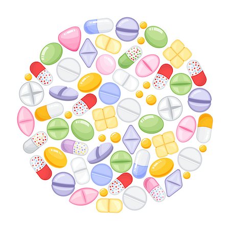 simsearch:400-07994748,k - Different colorful medical pills capsules and tablets in round designon white background. Medications collection. Vector illustration in cartoon flat style. Photographie de stock - Aubaine LD & Abonnement, Code: 400-08935536