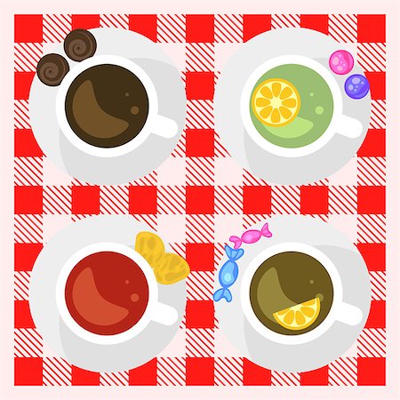 Set of coffee and tea cups top view on a checkered tablecloth surface. Coffee cup, green tea, black tea and red hibiscus tea. Breakfast hot drinks. Stock Photo - Budget Royalty-Free & Subscription, Code: 400-08935617