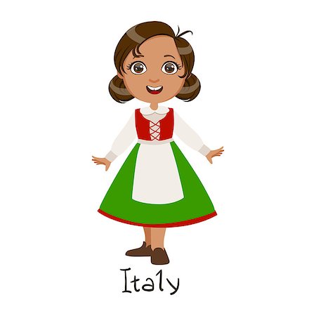 Girl In Italy Country National Clothes, Wearing Green Skirt And Apron Traditional For The Nation. Kid In Italian Costume Representing Nationality Cute Vector Illustration. Stock Photo - Budget Royalty-Free & Subscription, Code: 400-08935906