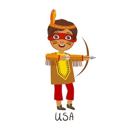 simsearch:400-08556829,k - Boy In Native American Country National Clothes, Wearing Feather Headdress And A Bow Traditional For The Nation. Kid In Indian Costume Representing Nationality Cute Vector Illustration. Photographie de stock - Aubaine LD & Abonnement, Code: 400-08935914