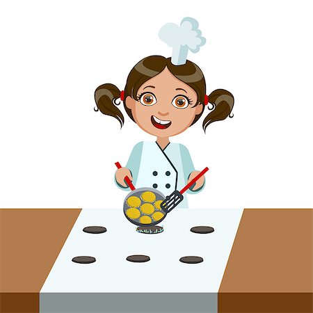 simsearch:400-07953213,k - Girl Frying Nuggets On Electric Stove, Cute Kid In Chief Toque Hat Cooking Food Vector Illustration. Young Child Wanting To Become A Cook In Cooking Class Smiling Cartoon Character. Foto de stock - Super Valor sin royalties y Suscripción, Código: 400-08935968