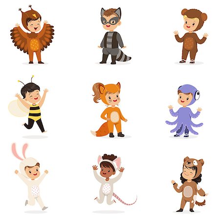simsearch:400-08557140,k - Kinds In Animal Costume Disguise Happy And Ready For Halloween Masquerade Party Set Of Cute Disguised Infants. Smiling Children Dressed As Wildlife And Insects Vector Cartoon Illustrations. Stockbilder - Microstock & Abonnement, Bildnummer: 400-08935978
