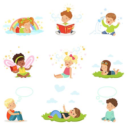 simsearch:400-08557267,k - Happy and lovely children play and dream. Cartoon detailed colorful Illustrations isolated on white background Stock Photo - Budget Royalty-Free & Subscription, Code: 400-08935989