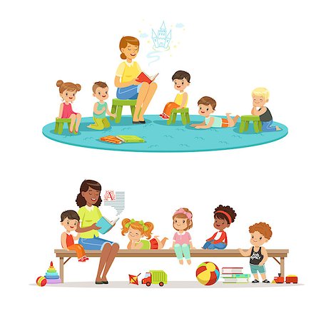 Group of preschool kids and teacher. Teacher reading for kids in the kindergarten. Cartoon detailed colorful Illustrations isolated on white background Stock Photo - Budget Royalty-Free & Subscription, Code: 400-08935994