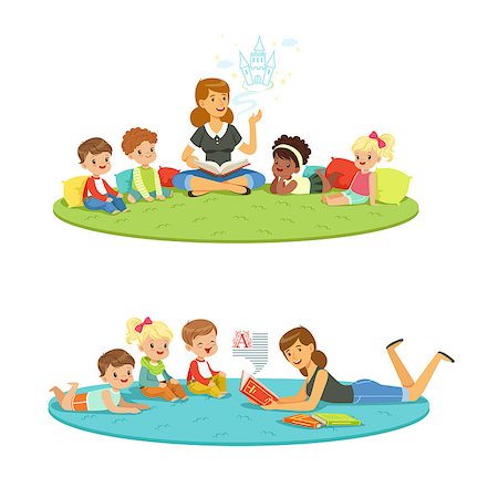 Elementary students and teacher. Children education and upbringing in the kindergarden. Cartoon detailed colorful Illustrations isolated on white background Stock Photo - Budget Royalty-Free & Subscription, Code: 400-08935993