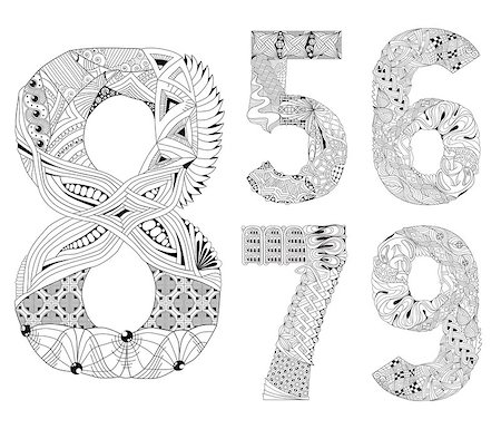 simsearch:400-08937222,k - Hand-painted art design. Adult anti-stress coloring page. Black and white hand drawn illustration for coloring book. Number five, six, seven, eight, nine zentangle object. Foto de stock - Royalty-Free Super Valor e Assinatura, Número: 400-08936061