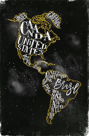 Vintage America map with country inscription united states, canada, mexico, brasil, peru, argentina drawing with chalk and yellow on chalkboard background Stock Photo - Budget Royalty-Free & Subscription, Code: 400-08936194