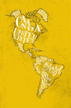 simsearch:400-04885353,k - Vintage America map with country inscription united states, canada, mexico, brasil, peru, argentina drawing on yellow background Stock Photo - Budget Royalty-Free & Subscription, Code: 400-08936196