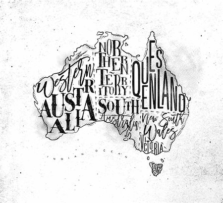 simsearch:400-04885353,k - Vintage australia map with regions inscription western, northern, south, australia, queensland, victoria, tasmania drawing on dirty paper background Stock Photo - Budget Royalty-Free & Subscription, Code: 400-08936197