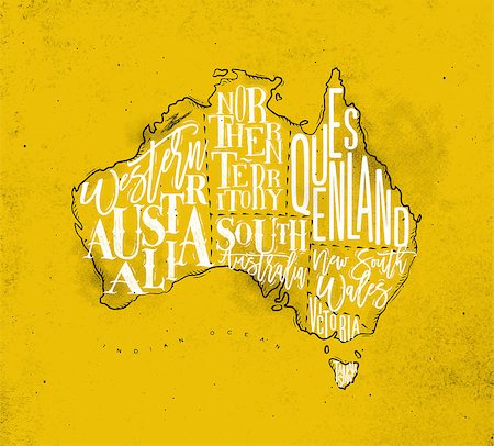 simsearch:400-04885353,k - Vintage australia map with regions inscription western, northern, south, australia, queensland, victoria, tasmania drawing on yellow background Stock Photo - Budget Royalty-Free & Subscription, Code: 400-08936198