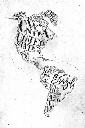 simsearch:400-04885353,k - Vintage America map with country inscription united states, canada, mexico, brasil, peru, argentina drawing on dirty paper background Stock Photo - Budget Royalty-Free & Subscription, Code: 400-08936191