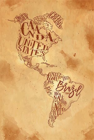 simsearch:400-08671929,k - Vintage america map with country inscription united states, canada, mexico, brasil, peru, argentina drawing on craft background Photographie de stock - Aubaine LD & Abonnement, Code: 400-08936192