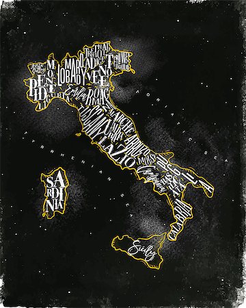 simsearch:400-08671929,k - Vintage italy map with regions inscription sardinia, sicily, lazio, tuscany, liguria, marche, abruzzo, calabria, puglia, veneto, trentino lombardy marche drawing with chalk and yellow on chalkboard Photographie de stock - Aubaine LD & Abonnement, Code: 400-08936208