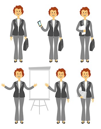 simsearch:400-07975463,k - Female manager or business woman character set. Different poses isolated on white background. Woman in trousers. Cartoon flat style illustration Stock Photo - Budget Royalty-Free & Subscription, Code: 400-08936274