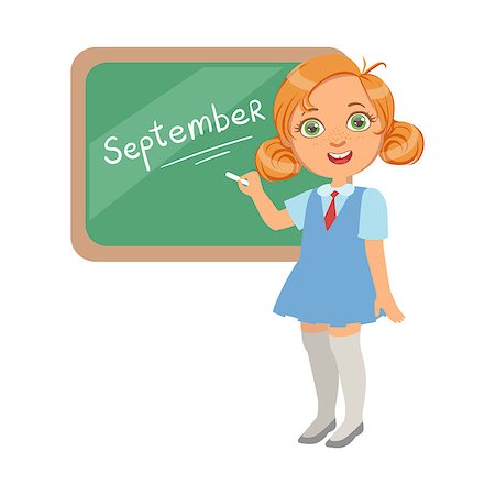 simsearch:400-06744675,k - Llittle girl standing near the blackboard and writing word September, education and back to school concept, a colorful character isolated on a white background Stock Photo - Budget Royalty-Free & Subscription, Code: 400-08936405