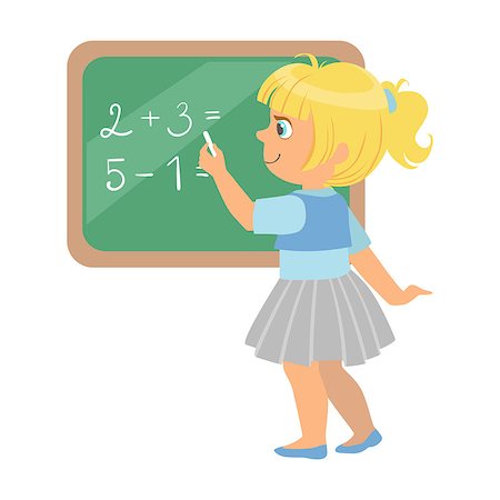 simsearch:400-06744675,k - Cute little schoolgirl standing near the blackboard and writing mathematical examples, education and back to school concept, a colorful character isolated on a white background Stock Photo - Budget Royalty-Free & Subscription, Code: 400-08936406