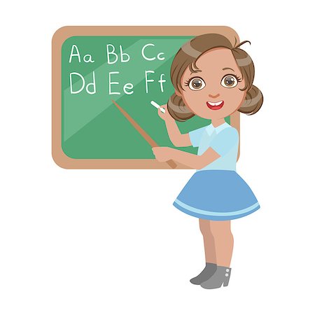 simsearch:400-06744675,k - Cute little girl standing near the blackboard and writing letters of the English alphabet, education and back to school concept, a colorful character isolated on a white background Stock Photo - Budget Royalty-Free & Subscription, Code: 400-08936408