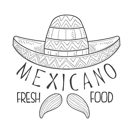 simsearch:400-08935917,k - Restaurant Mexican Fresh Food Menu Promo Sign In Sketch Style With Sombrero And Mariachi Moustache, Design Label Black And White Template. Monochrome Hand Drawn Promotional Cafe Poster Print Vector Illustration. Stock Photo - Budget Royalty-Free & Subscription, Code: 400-08936524