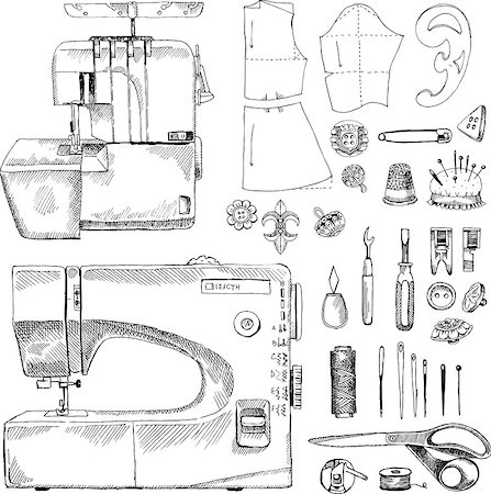 Tailor Shop Hand Drawn Equipment Set with sewing-machine Photographie de stock - Aubaine LD & Abonnement, Code: 400-08936644