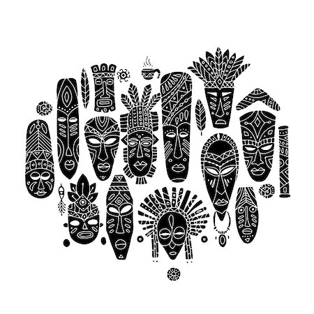 Tribal mask ethnic set, sketch for your design. Vector illustration Stock Photo - Budget Royalty-Free & Subscription, Code: 400-08936856
