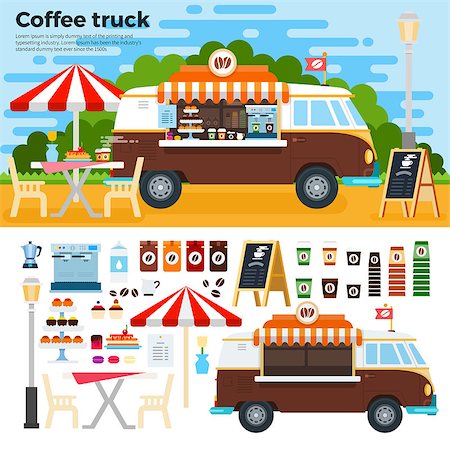 Coffee truck vector flat illustrations. Vintage coffee truck on the street in the city. Coffee truck with hot beverages, car, table, beverages, cups, menu and coffee machine isolated on white background Stock Photo - Budget Royalty-Free & Subscription, Code: 400-08936876